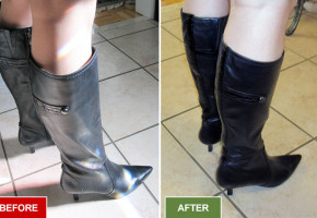 Boots alteration and repair service for narrowing boots. Fitting skinny calves. Before and after picture.