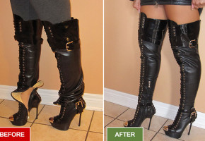 Boots alteration and repair service for widening boots. Before and after picture.
