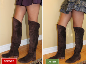 Boots narrowing for wide boots. Altered a pair of Boots for a women with skinny calves. Boots alteration and repair service for narrowing boots. Before and after picture.