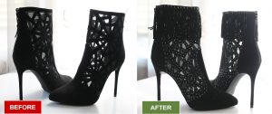 Shoe repair and booties alteration services by Leon's Boot Alterations. Before and after pictures. Added diamonds and beautiful black fringe.