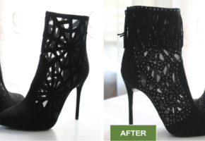 Shoe repair and booties alteration services by Leon's Boot Alterations. Before and after pictures. Added diamonds and beautiful black fringe.